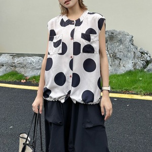 POLKA DOT ROUND NECK SLEEVELESS DRAWSTRING TOP M-17533