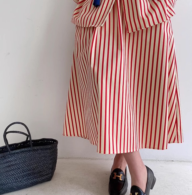 red striped mid-length flared skirt【2024050102】