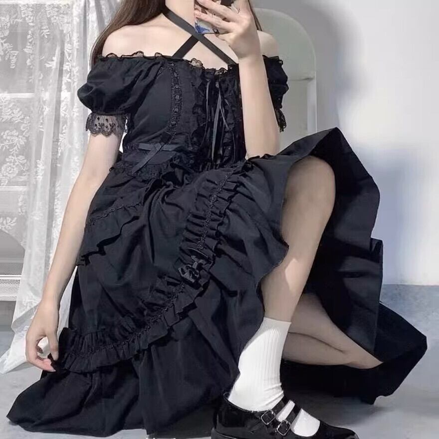 サブカル 服 地雷系 通販 ワンピース 半袖 ゴスロリ やみ可愛い レースアップ 原宿スタイル きれいめ