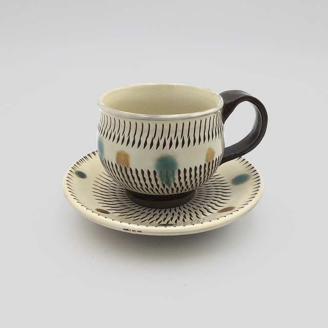 小鹿田焼 小袋窯【コーヒーカップ＆ソーサーセット】飛びかんな 赤青ドット 陶器 和食器 民藝