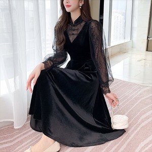 【送料無料】 ロングドレス ドレス dress 衣装 ワンピース パーティードレス パーティドレス ロング ロング丈 ひざ丈 膝下 袖あり 長袖 バルーン袖 ハイネック チョークネック Aライン フレア レース フォーマル エレガント 可愛い 大人可愛い きれいめ シンプル シック コンサバ 華やか 大人 上品 おしゃれ お洒落 レトロ 主役級 こなれ感 高見え 高級感 秋 30代 40代 レディース 女性用 デート 授業参観 結婚式 二次会 パーティ パーティー 演奏会 韓国 韓国系 体型カバー 定番