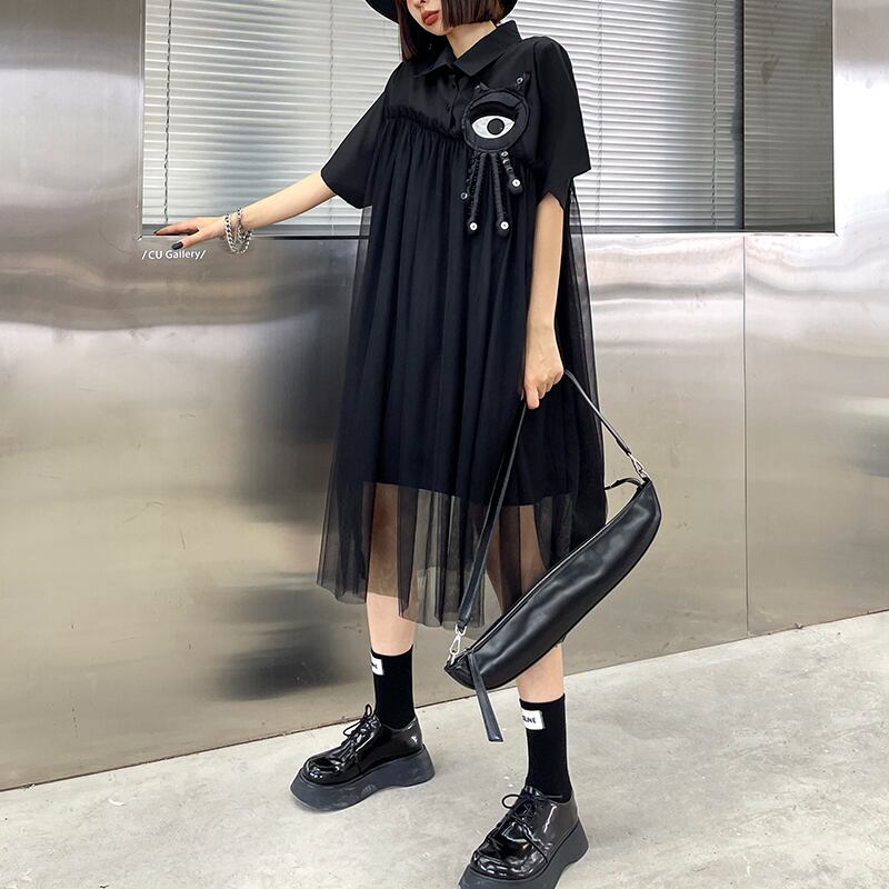 ブラックスカート サマードレス カラースタンダードルーズ薄手メッシュ レトロ 夏物 スクウェア ステッチ ラブタオタオダレンハウス76531653712