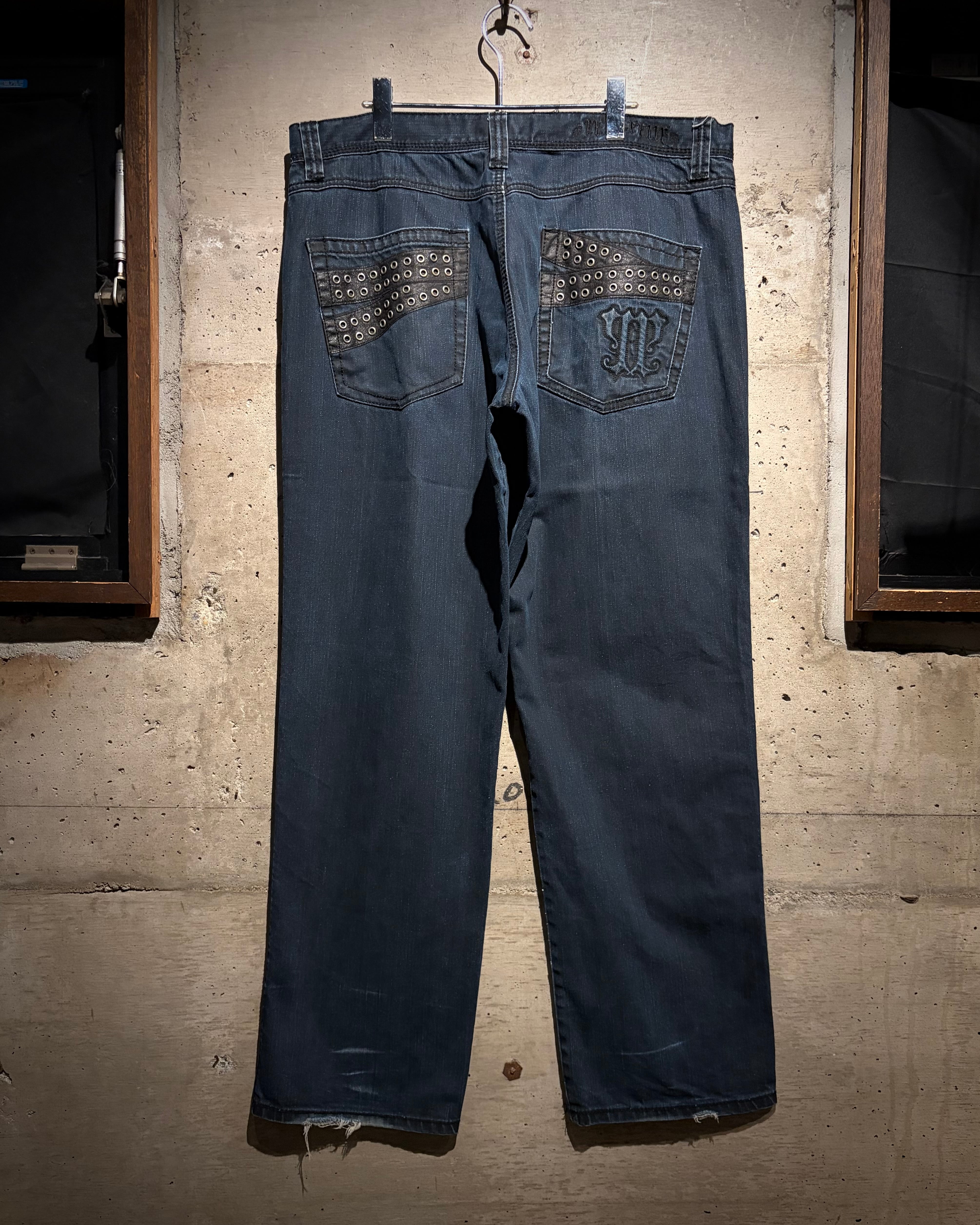 Caka】“PELLE PELLE” Eyelet × Leather Switching Vintage Baggy Jeans