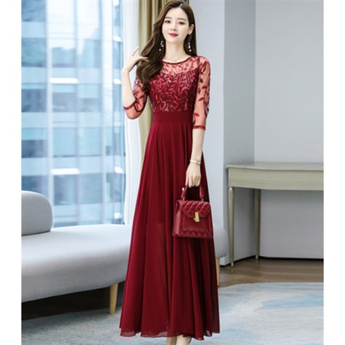 結婚式ドレス 大きいサイズ 2XL 3XL 4XL イブニングドレス レーススカート ロングスカート ラウンドネック 七分袖 フォーマル お呼ばれ ワンピース プルオーバー エレガント