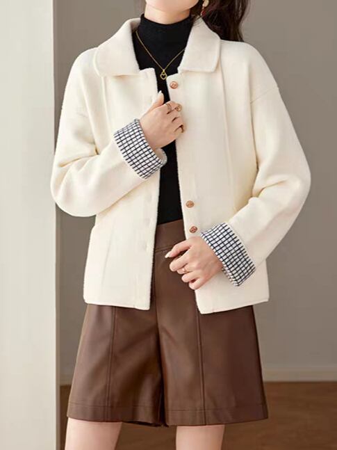 Checkered sleeve wool-like short coat L0811