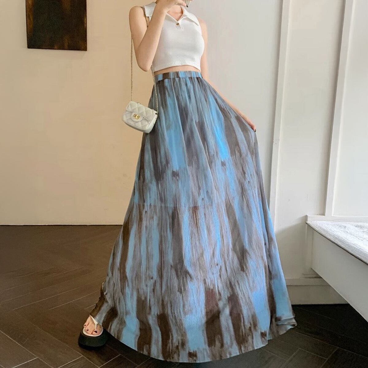タイダイ柄 マキシスカート レディース 韓国 春夏 ロング スカート 大人 きれいめ かわいい おしゃれ ハイウエスト 体型カバー 軽やか Aライン ドレープ 大人可愛い 大人女子