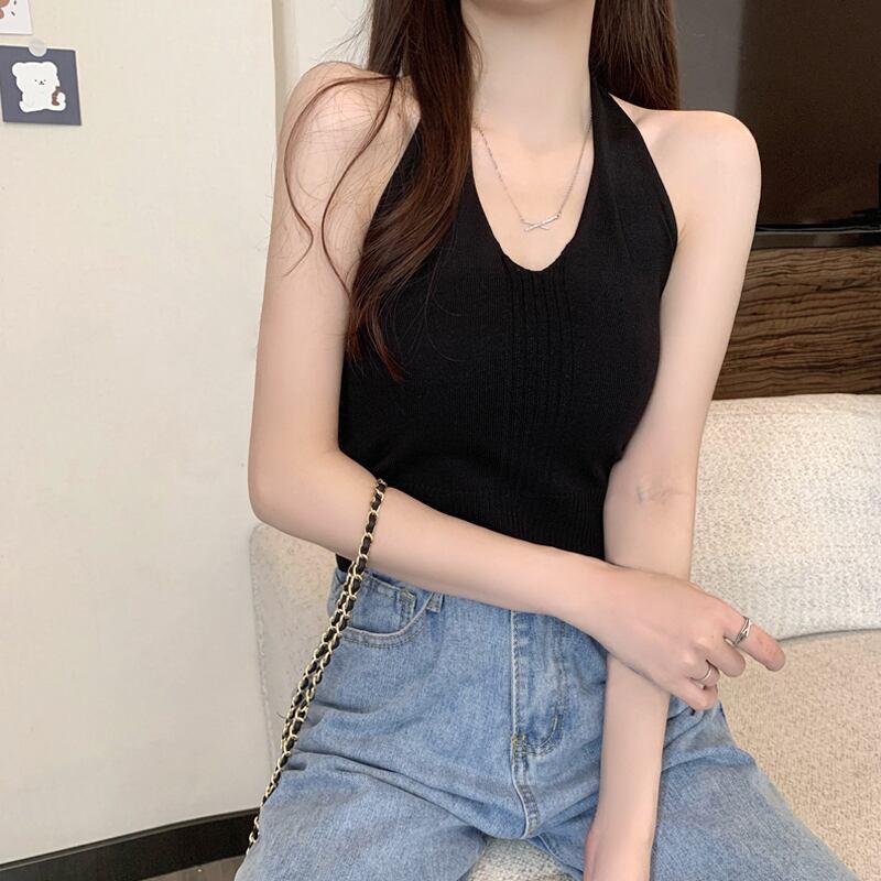 ブラックホルターサマーレッドスタイルバックトップス ショート 夏物 試着室50371055217