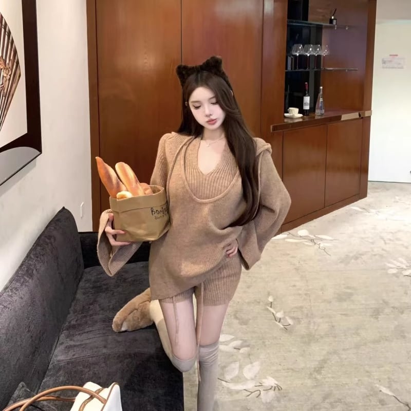 【set】ニットベスト×ニットトップス×ショートパンツセット Q7131