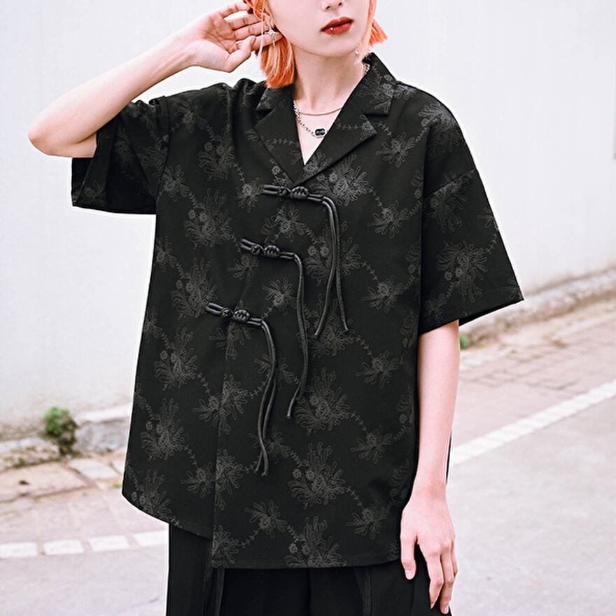 チャイナ風服 チャイナ風服 古怪舎 半袖シャツ アシンメトリー 紐結び