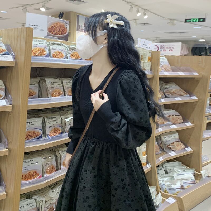 ブラックロングドレス オータムウィンタースタンダードスカート レトロ 秋物 冬物 スーパーモール39095431860