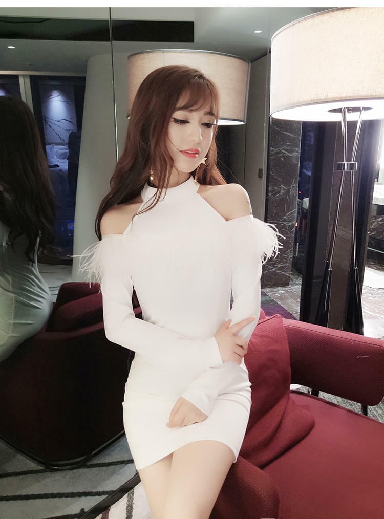 リゼクシー ファー モコモコ ニット オフショル タイト ミニワンピース