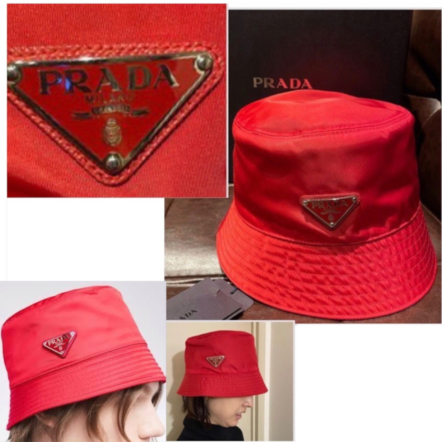 PRADA ナイロン ブランドロゴ バケットハット　RED