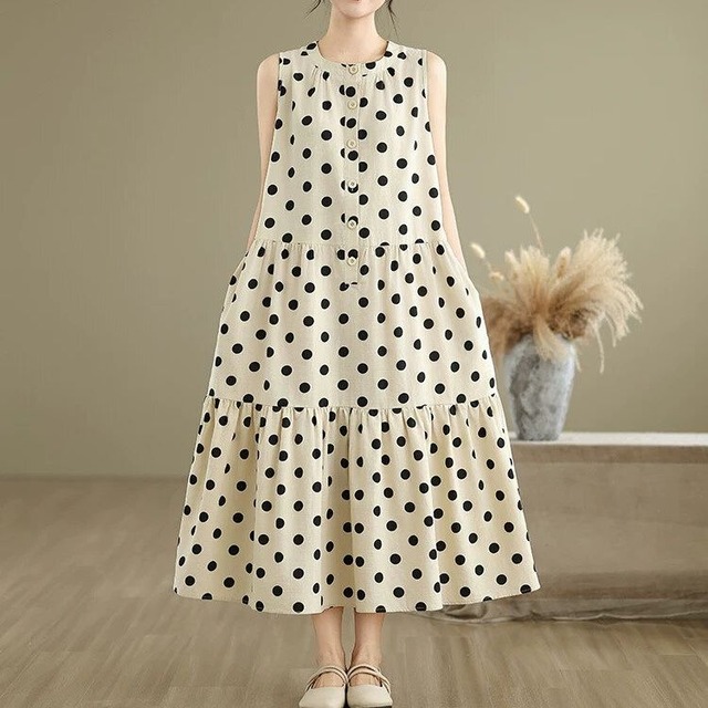DOT ROUND NECK SLEEVELESS A-LINE LONG SHIRT DRESS 1color M-16304
