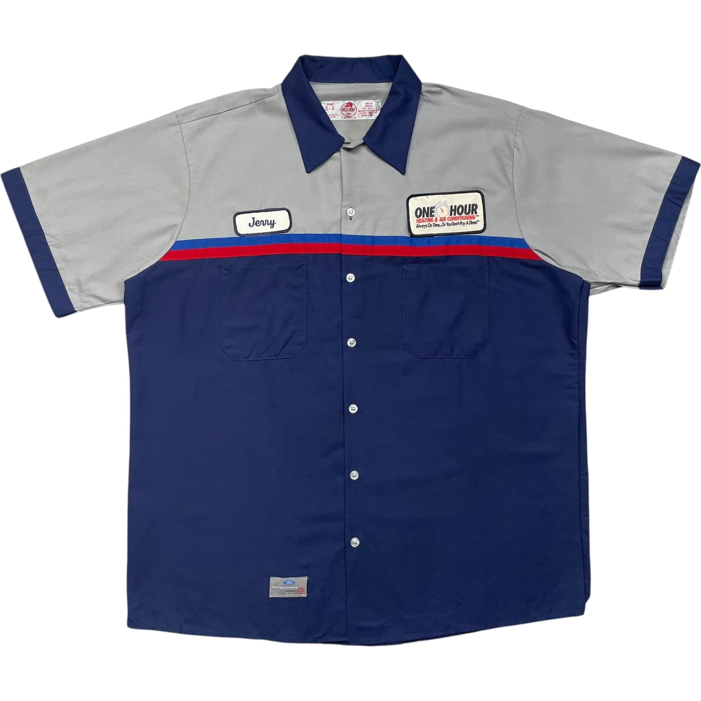 《XL》 REDKAP レッドキャップ 半袖シャツ ワークシャツ グレー ネイビー ワッペン 企業ロゴ 空調管理会社 no.6646