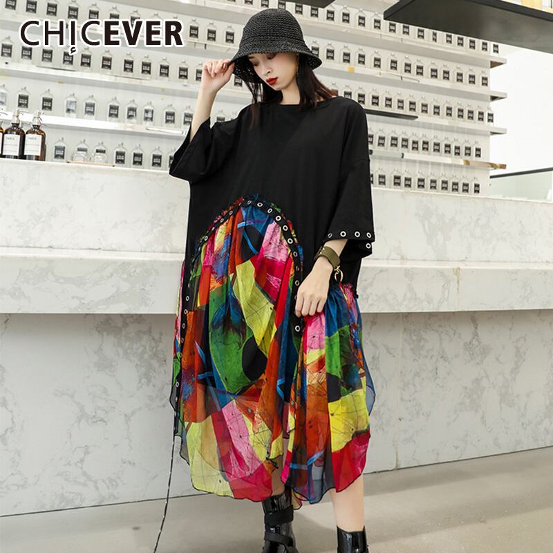 CHICEVERパッチワークヒットカラーレースアップドレス女性Oネック半袖特大非対称ミディドレス春服2020 ショート ハーフスリーブ スプリング 春物 6base510066417211