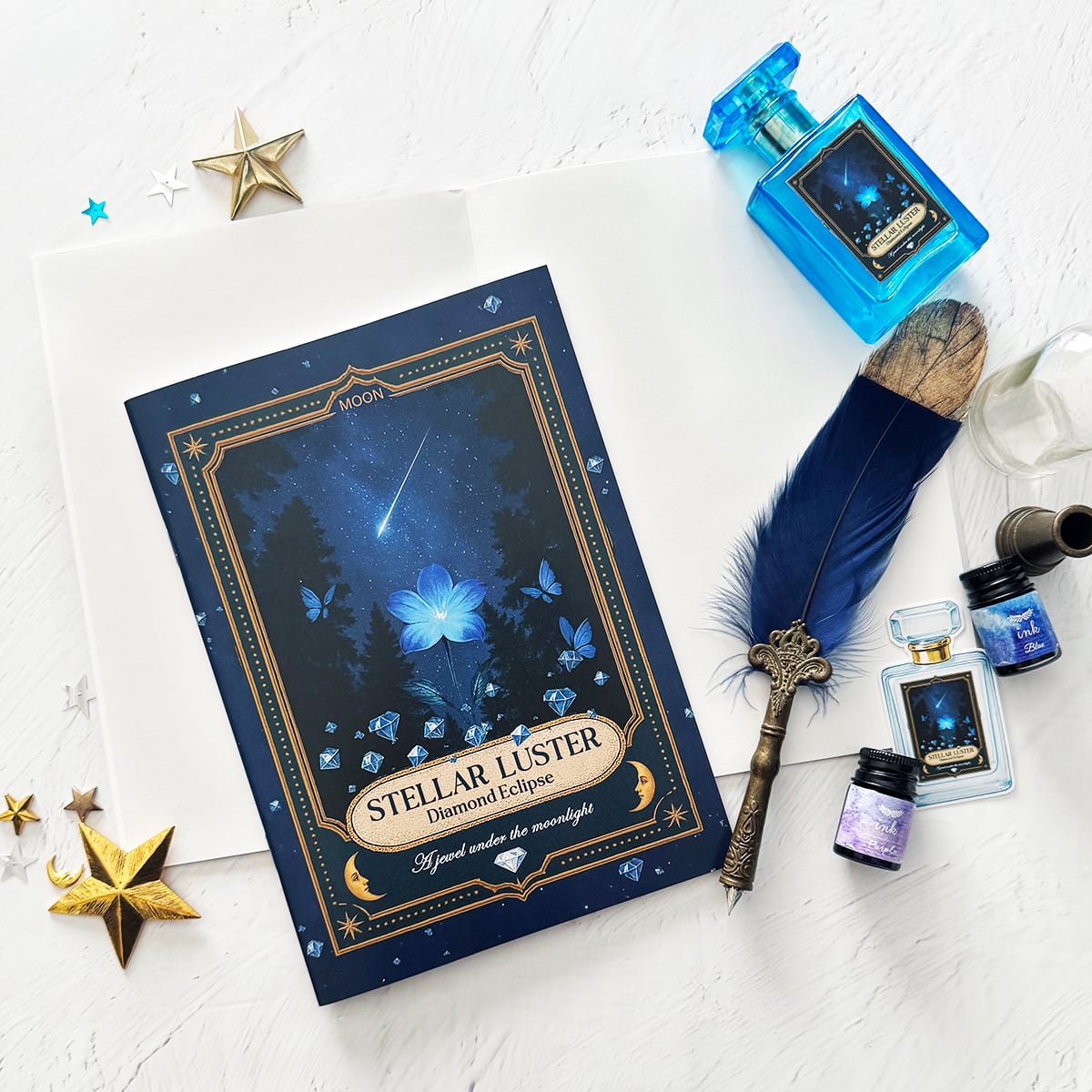 【ノート・手帳】星空香水瓶 青い花とダイヤと蝶々 ラベルデザイン ノート A5サイズ|手帳・日記帳・スケジュール帳