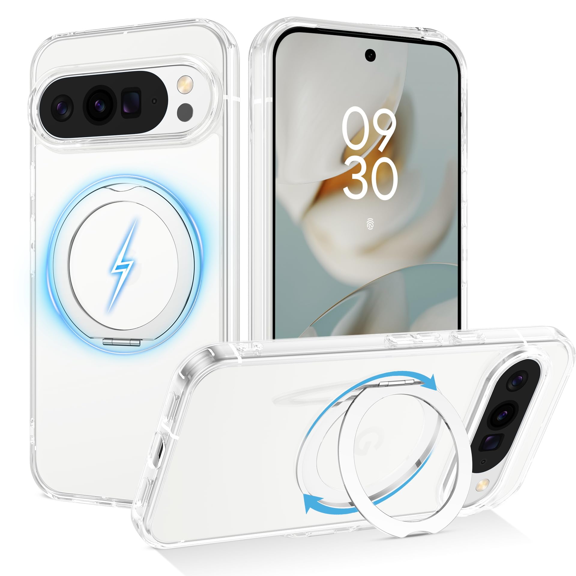 Telaso Google pixel 10/10 pro ケース MagSafe対応 マグネット搭載 スタンド機能 360°回転可能 pixel 10/10 pro ケース 透明耐衝撃 指紋防止 薄型 PC+TPU 車載ホルダー対応 ワイヤレス充電 全面保護 クリア