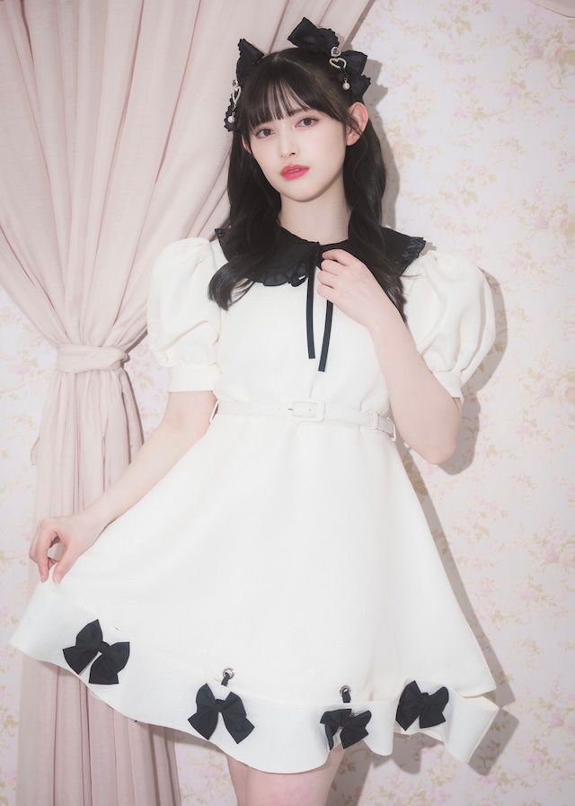 【ManonMimie】Puff Sleeves Ribbon Hem OP