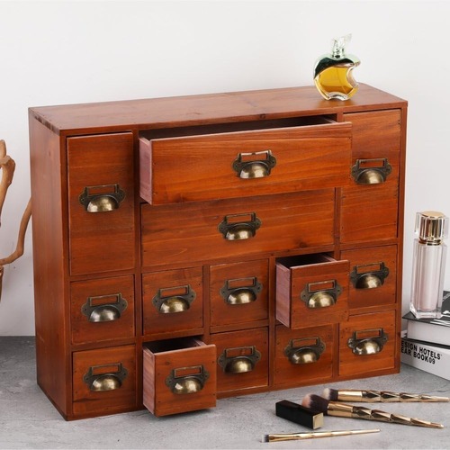 木製 卓上 引出し アンティーク 木製 収納 ボックス スタイリッシュ デスク収納 卓上収納 ラックシェルフ 引き出し14個