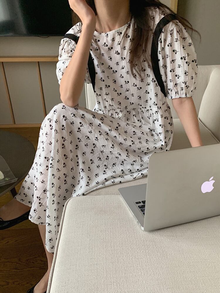 スリーブフローラルドレス サマーラウンドネックAラインロングスカート 夏物 花柄 Oネック ビッグFスモールZ韓国89391702366