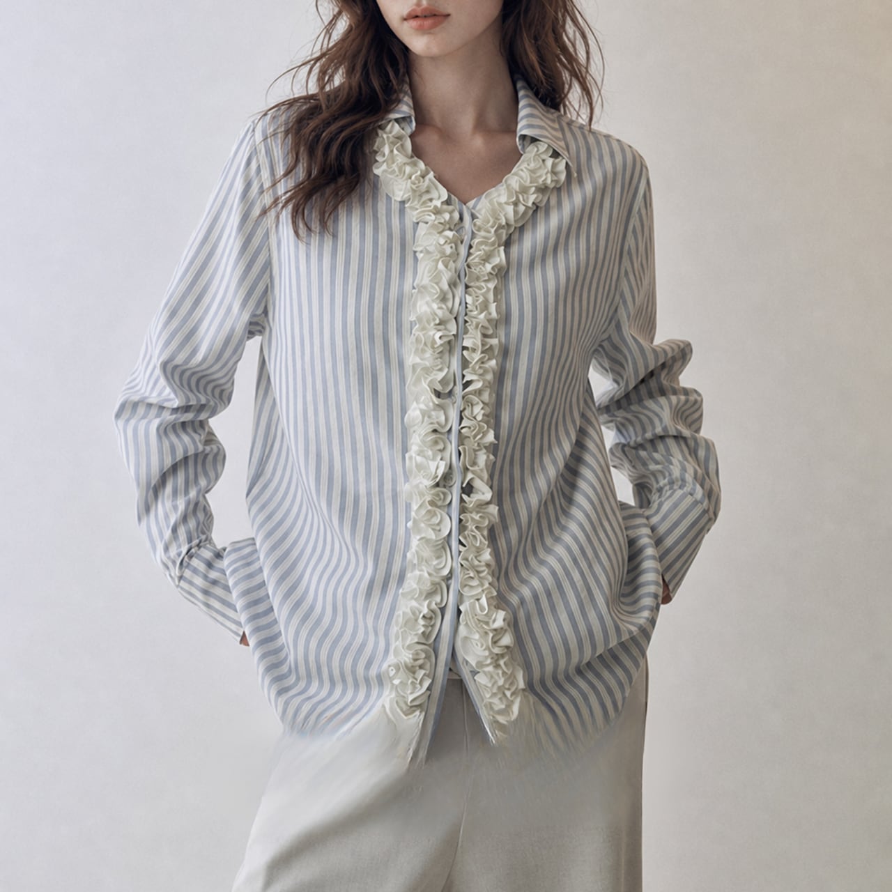 Front-ruffle striped shirt S1961