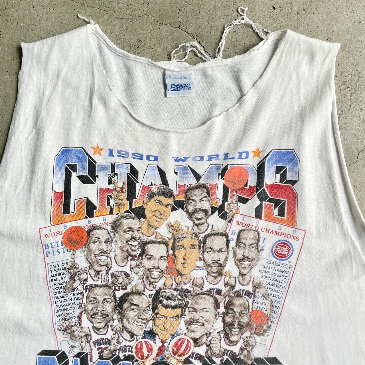 90年代 NBA DETROIT PISTONS 1990 WORLD CHAMPIONS チームロゴ プリント カットオフ ノースリーブTシャツ  メンズL 古着 デトロイト・ピストンズ バスケ BACK 2 BACK 90s ビンテージ ヴィンテージ シングルステッチ ホワイト 白 ...