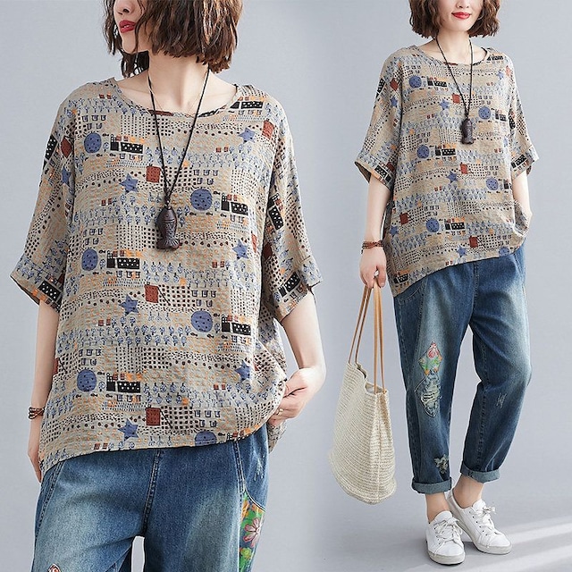 ROUND NECK PRINT LOOSE HALF SLEEVE T-SHIRT M-17973