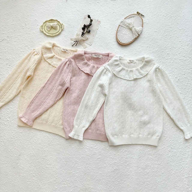 【予約商品】[90-140cm] eyelet round collar knit tops 3col