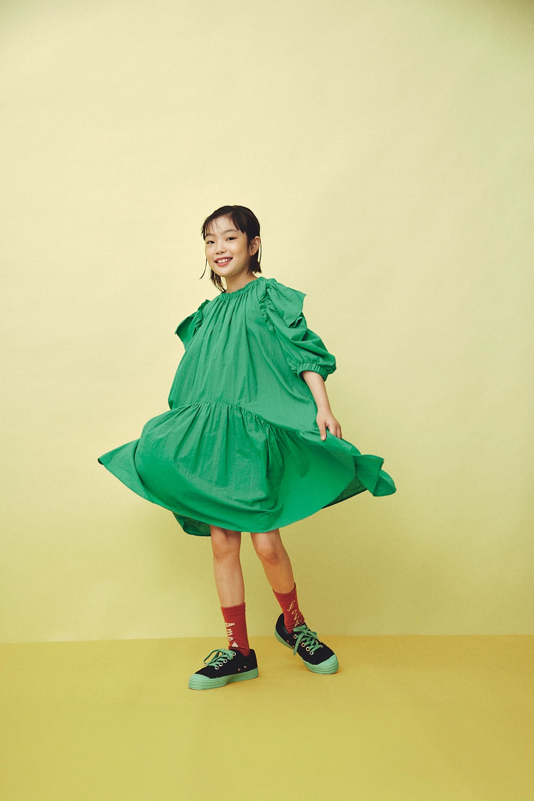 26SS】folkmade(フォークメイド)Playground dress GREEN(LL)ワンピース