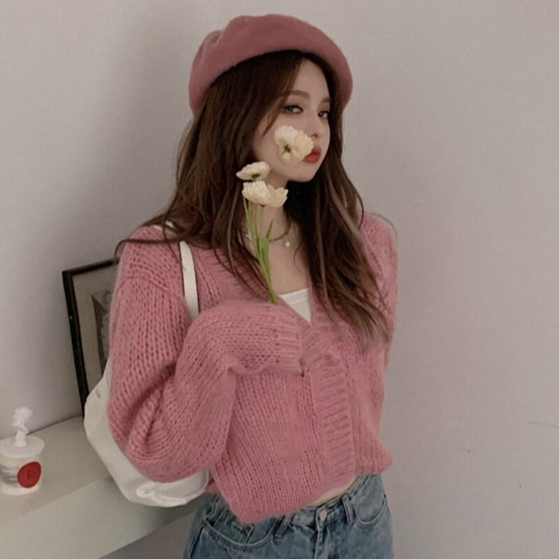 ニットセーター カーディガンジャケット レディースオータムウィンターVネックショートトップス ピンク 秋物 冬物 YY-ファッション47816327568
