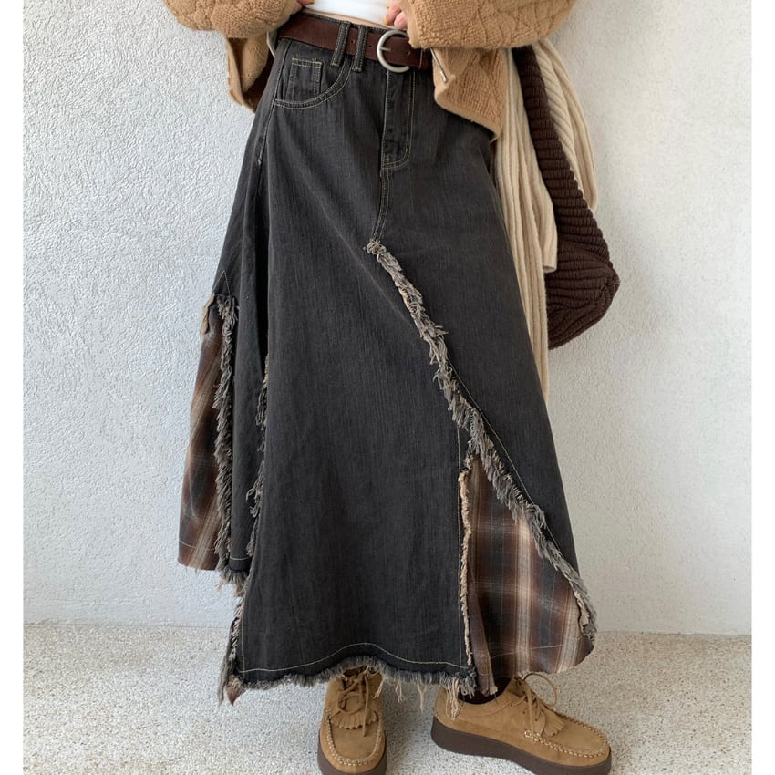 fringe patchwork denim skirt　J00378