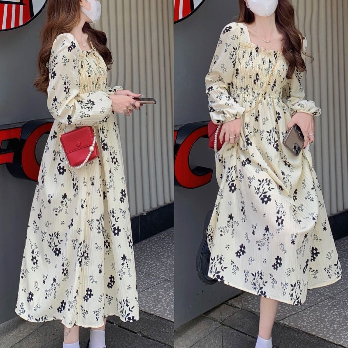 ワンピース レディース ロング ロング丈 長袖 ロングワンピース スクエアネック Aライン フリル フレア ウエストマーク ギャザー かわいい 大人可愛い きれいめ カジュアル ボタニカル エレガント 清楚 フェミニン おしゃれ お洒落 綺麗 お嬢様 ナチュラル こなれ感 ラブリー キュート ガーリー ロマンチック 抜け感 送料無料 存在感 花柄 小花柄 フラワー 学生 通学 デート お出かけ 女子会 フリーサイズ 春 10代 20代 30代 韓国 韓国系 着回し モテ トレンド 流行 インスタ映え