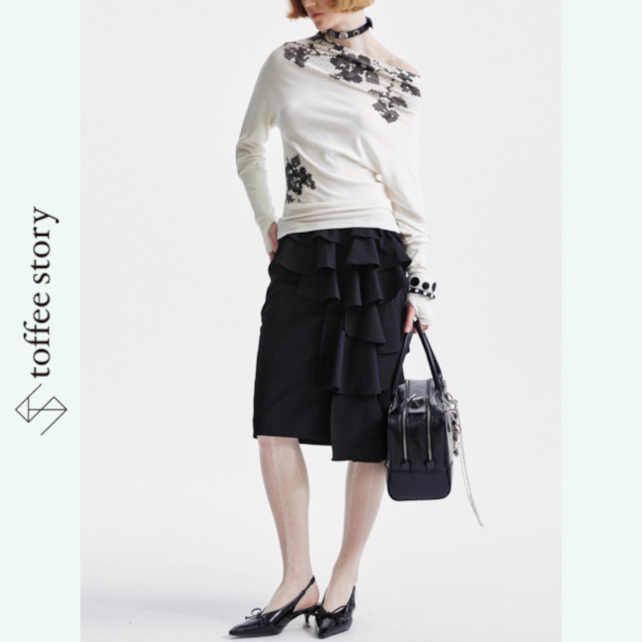 ピクセルフラワーボートネックトップス 《B0020》