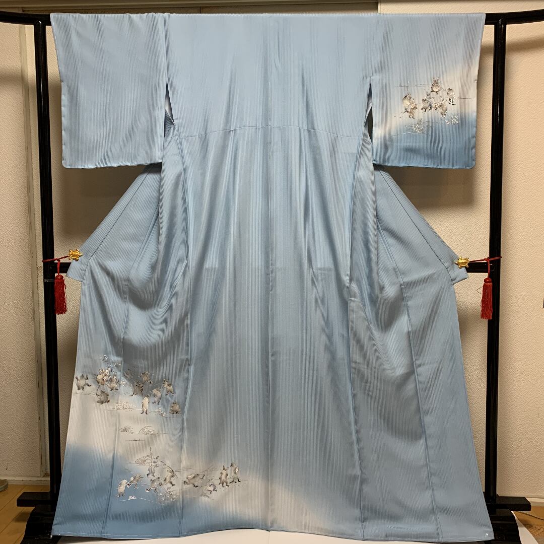 AT-2 訪問着 水色 鳥獣戯画 紫野工房 地紋 金彩 しつけ 証紙有 美品 