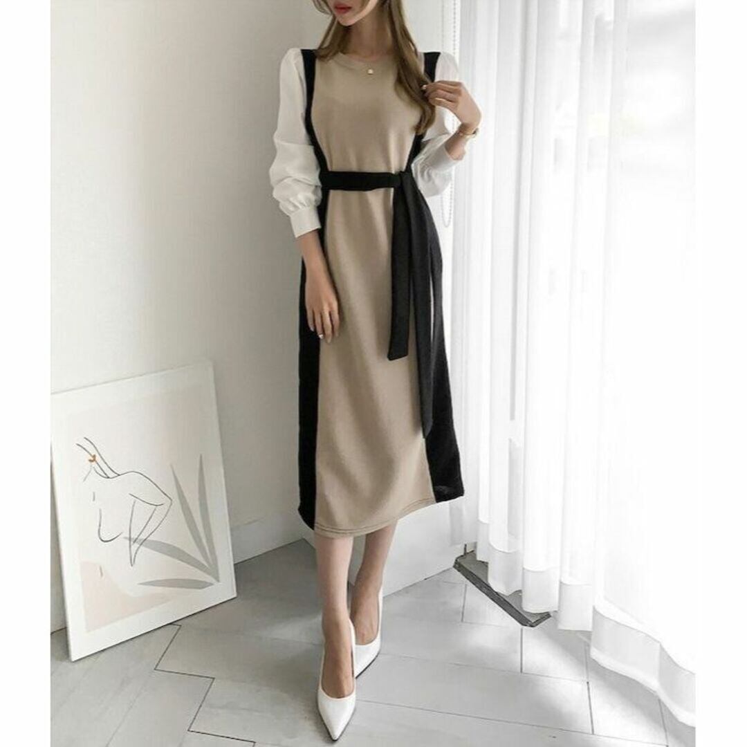 韓国シック ラウンドネックカラー マッチング ツーピースパフスリーブ