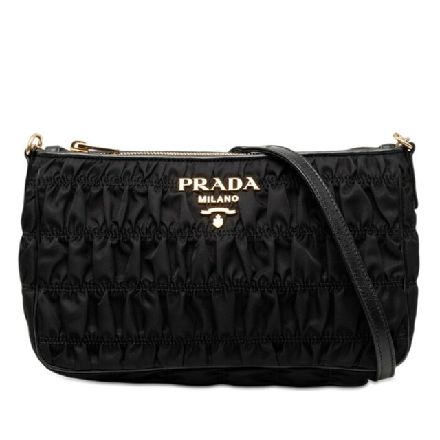 プラダ チェーン ギャザー ショルダーバッグ ブラック ナイロン レザー レディース PRADA 【中古】