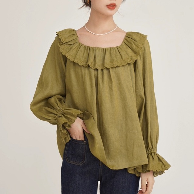 レースデザイン襟トップス