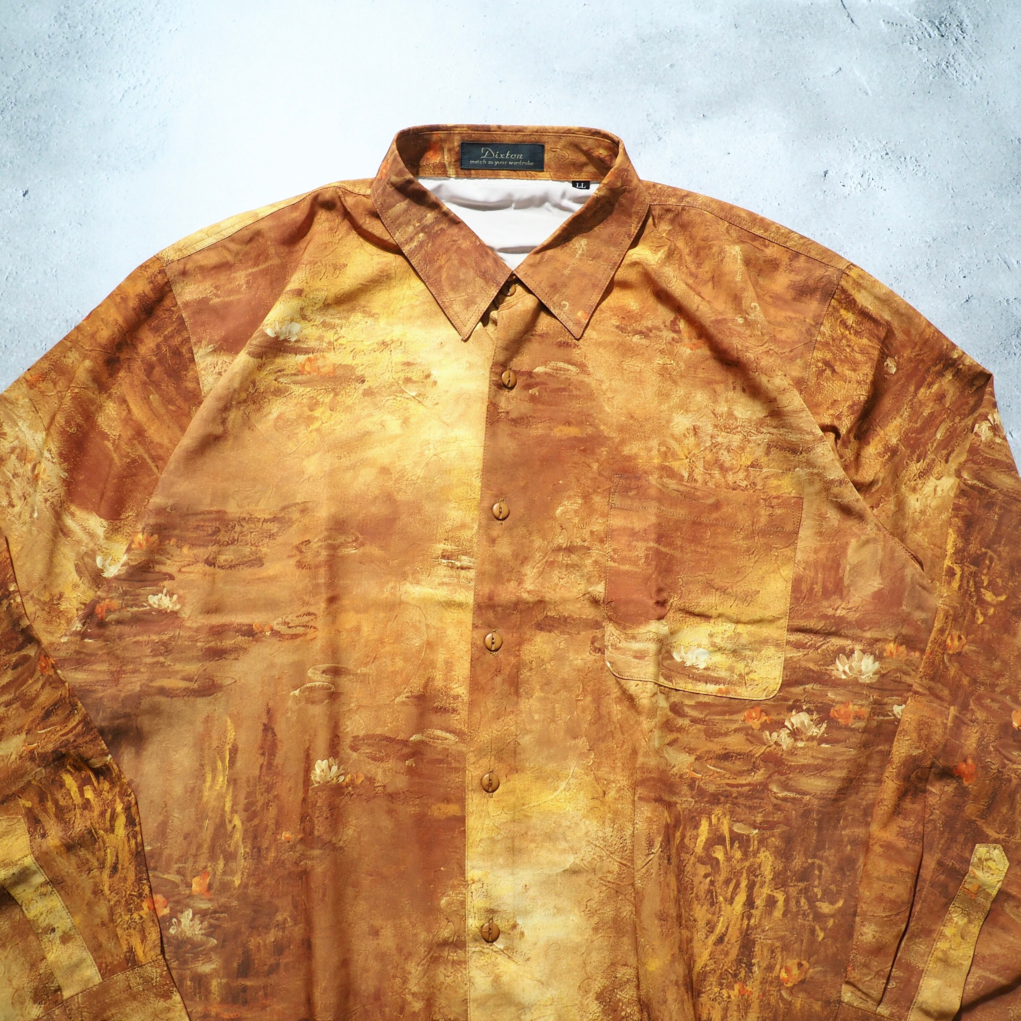 1980s " 睡蓮 " Beautiful oil painting Art vintage Drape loose shirt