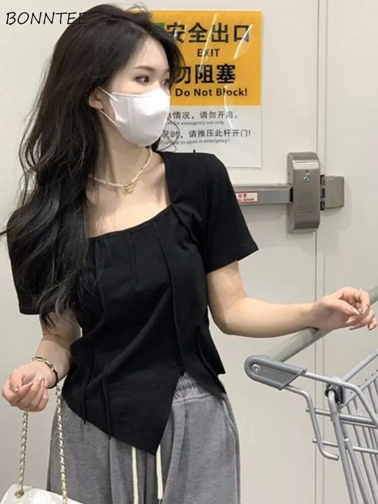 【新作】【送料無料】 Tシャツ女性スリム折り目オールマッチストリートシックカジュアルスクエアカラー固体創造性人気のエレガントな魅力的な夏の新しい 0269823665086