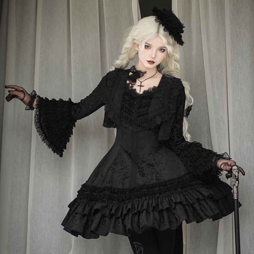 ゴスロリ 姫袖ジャケット ジャガード生地 フリル レース ダークファッション 大人ゴシック