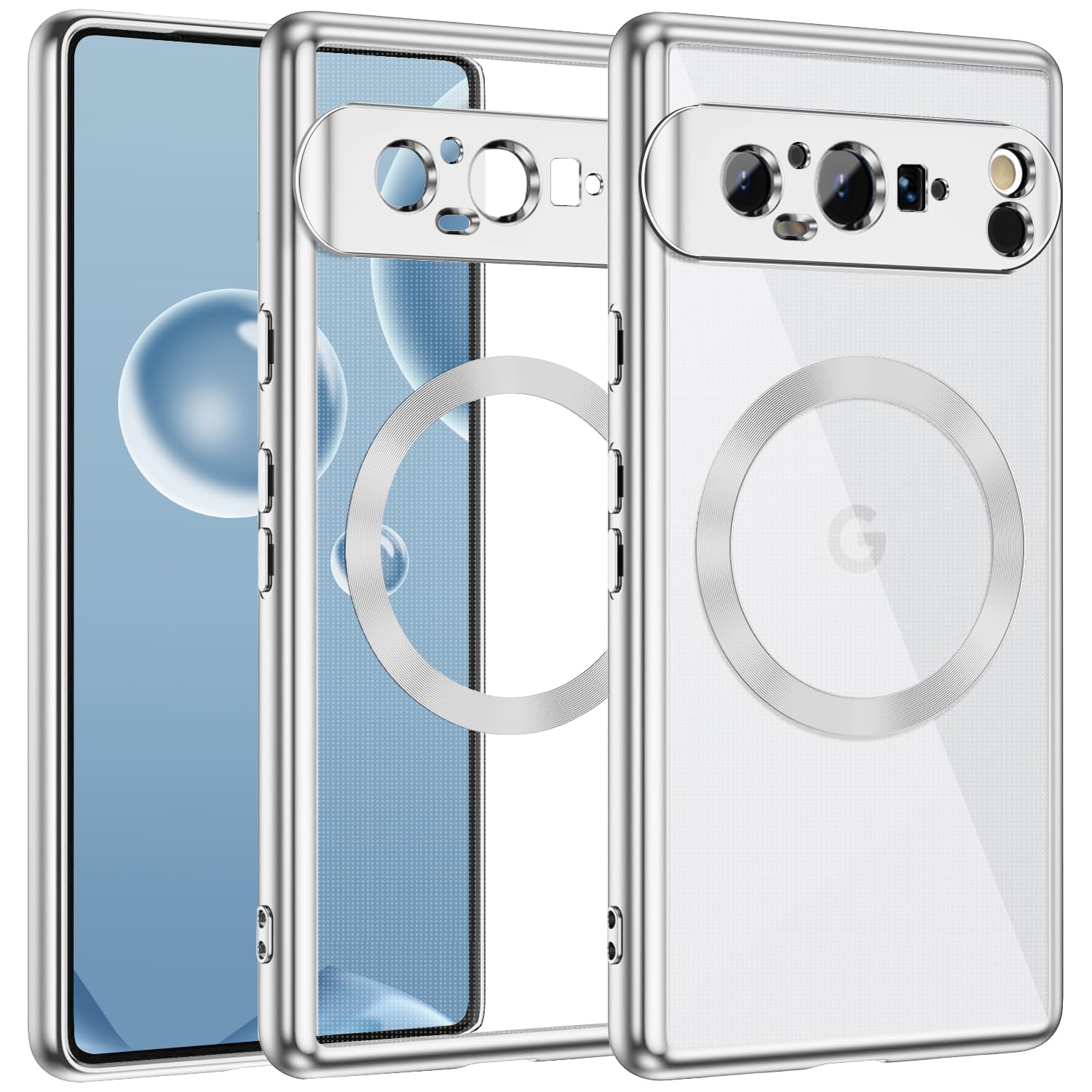 MuZiF Google Pixel 9 Pro XL 用 ケース クリア メッキ加工 Magsafe対応 永久磁石 レンズ保護 TPU ソフトケース 薄くて軽い 人気 耐衝撃 携帯カバー スマホケース (Google Pixel 9 Pro XL,シルバー)