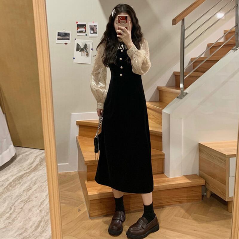 スタンダードスタイルメッシュ水玉スリーブドレス スプリングスカート レトロ 春物 ステッチ 萌量不足54252935213