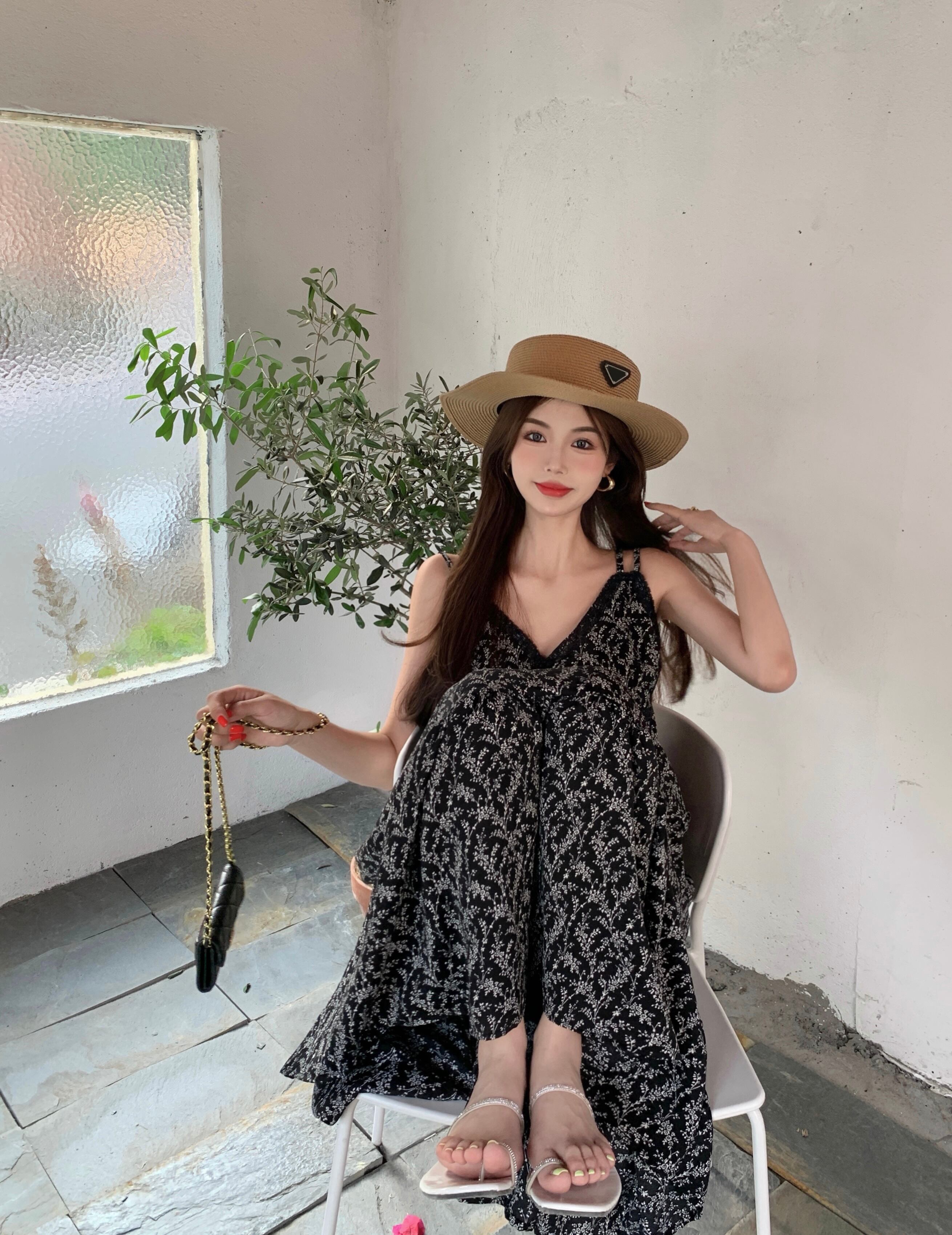 レースフローラルドレス レディースルーズ薄手スカート サマーブラック 夏物 花柄 ブラックストロベリース99946824363