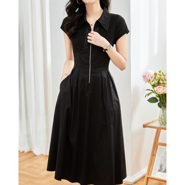 Polo Collar Zip Front Flare Midi Dress Short Sleeve 2Colors 2603019