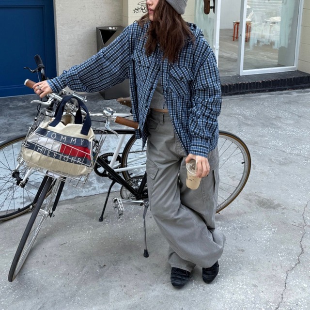 カジュアルボックスチェックフーディシャツ   R00715