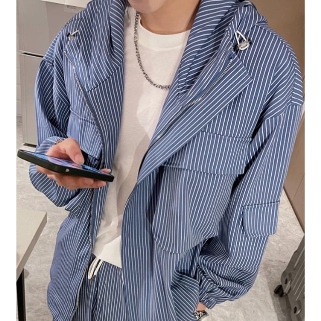 予約販売】メンズ セットアップ 上下 ブルー グレー ストライプ柄