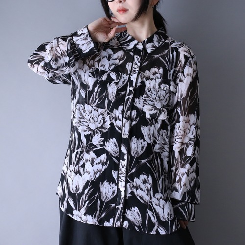 "墨絵" art motif flower pattern over silhouette sheer shirt