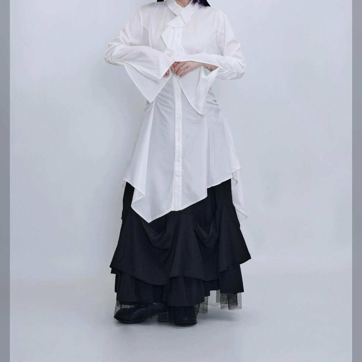 フリルカラー シャーリング ベルスリーブ ロングシャツ 1color BL0628