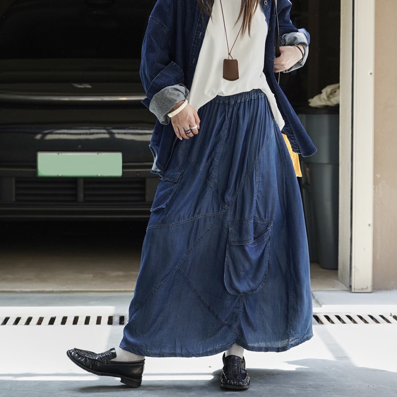 デザインステッチパッチワークデニムスカート A01684 | SELECT SHOP