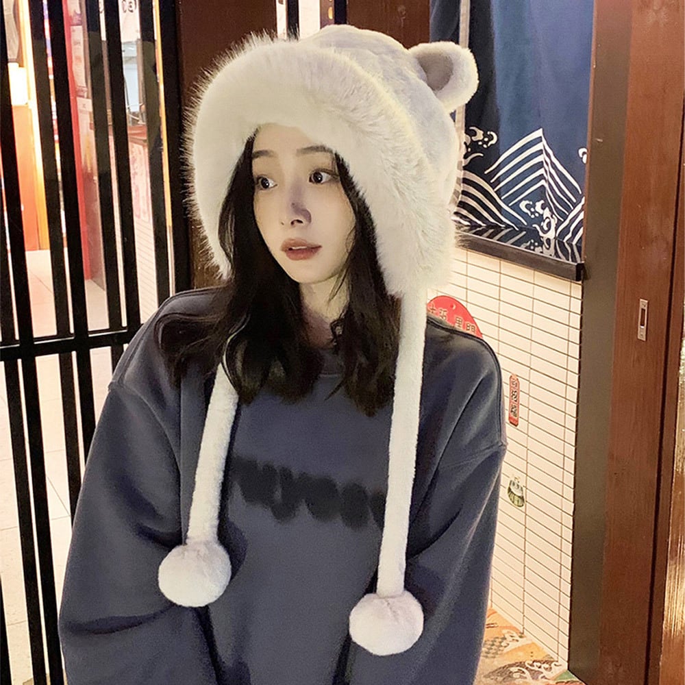 くま耳 ファー ハット レディース 韓国 帽子 防寒 保温 おしゃれ 大人 かわいい 暖かい 柔らかい 小顔 ふわふわ ポンポン付き 大人可愛い 大人女子